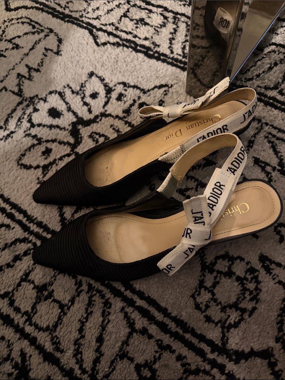 Dior j’adior Black Pointed-Toe Slingback Flats with Logo Ribbon